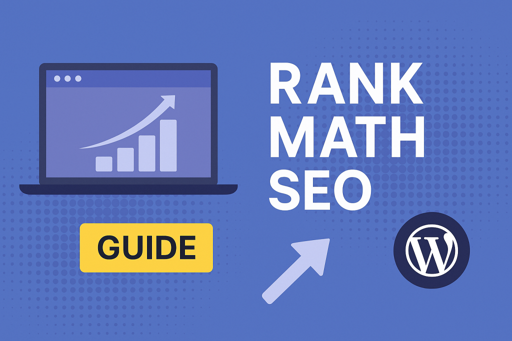 Ghid vizual Rank Math SEO pentru WordPress – Ilustrație reprezentativă cu elemente de optimizare și branding